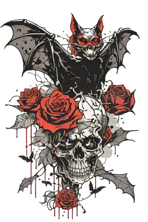 Bat with his skeleton exposed heart seen and with a rose behind the bat tattoo design idea