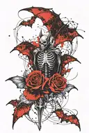Bat with his skeleton exposed heart seen and with a rose behind the bat tattoo design idea