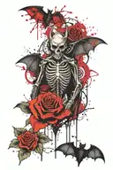 Bat with his skeleton exposed heart seen and with a rose behind the bat tattoo design idea