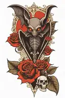 Bat with his skeleton exposed heart seen and with a rose behind the bat tattoo design idea