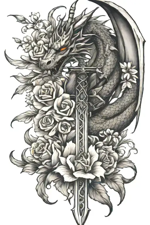 dragon sword and flowers intertwined tattoo design idea
