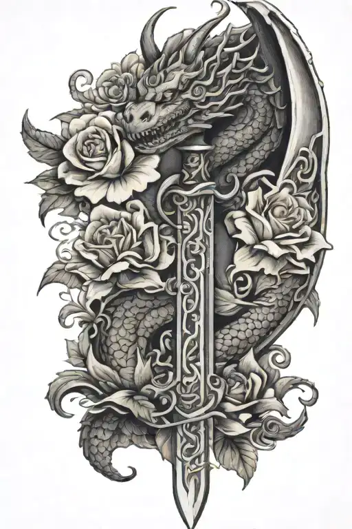 dragon sword and flowers intertwined tattoo design idea