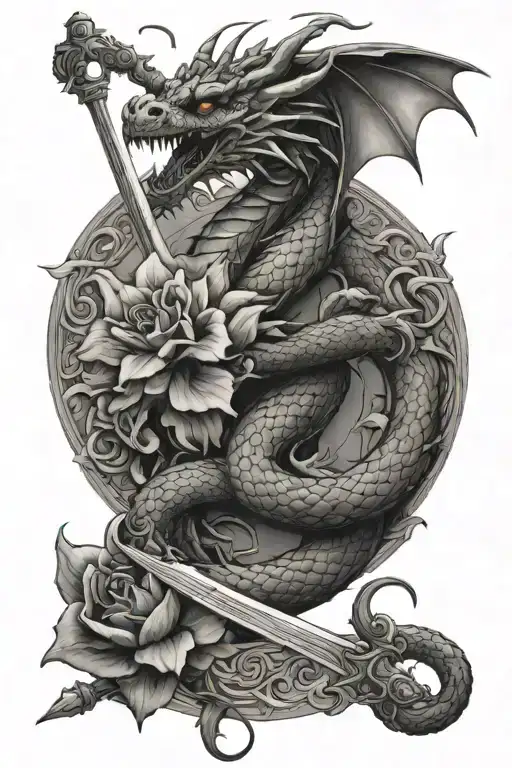 dragon intertwined with flower and sword  tattoo design idea