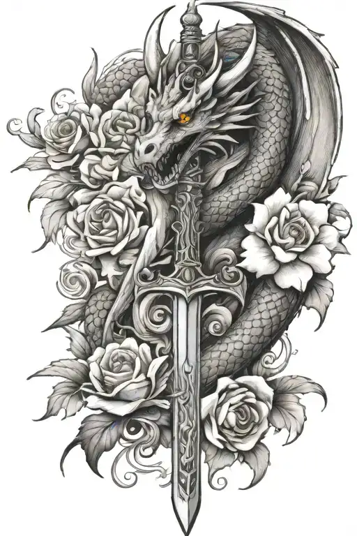 dragon sword and flowers intertwined tattoo design idea