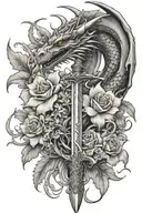 dragon sword and flowers intertwined tattoo design idea