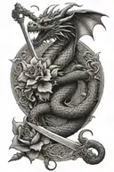 dragon intertwined with flower and sword  tattoo design idea