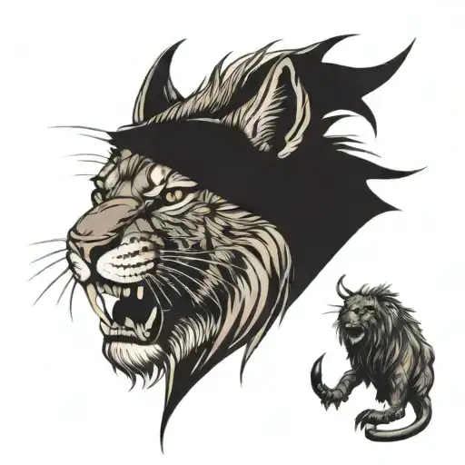 Tattoo design. Black sabre tooth pussycat wearing a lions head as a hoodie. I have seen similar things with vikings and  tattoo design idea