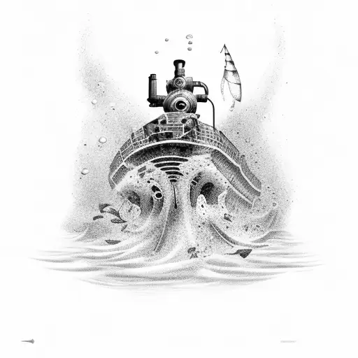 A diver exploring a sunken warship surrounded by marine life tattoo design idea