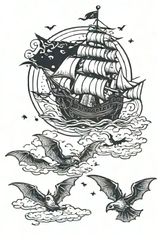 pirate night sky bats flying tattoo design idea