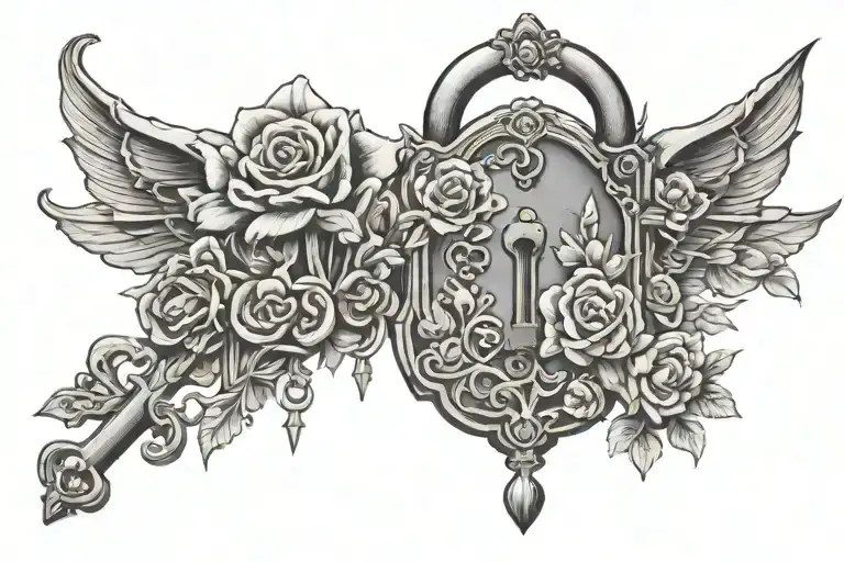 gothic lock and key with flowers tattoo design idea