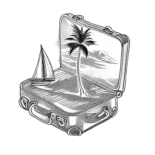 a suitcase with palm trees and a sailboat tattoo design idea