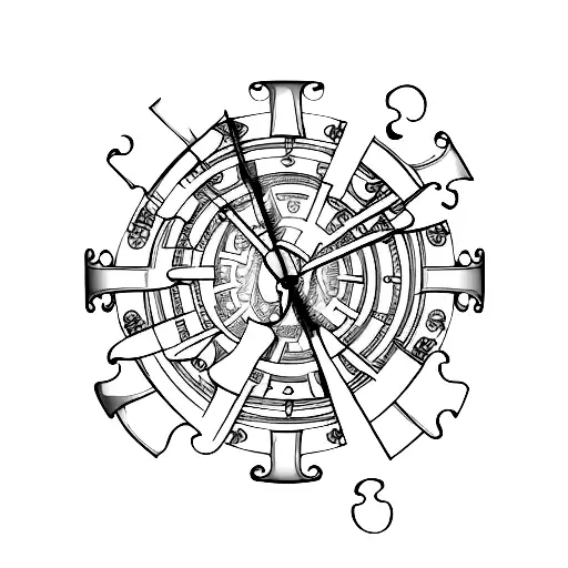 An intricate sketch-style tattoo of a clock with puzzle pieces as the gears, representing the importance of time and problem-solving in your life. tattoo design idea