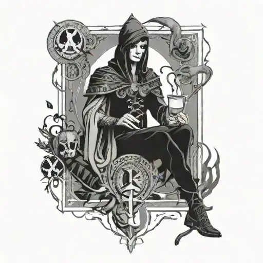 Incorporating tarot cards into a design of a software developer casting spells with code runes tattoo design idea