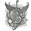 A tattoo design representing the software developer's love for music, with subtle nods to Thelema and Kabbalah symbols tattoo design idea