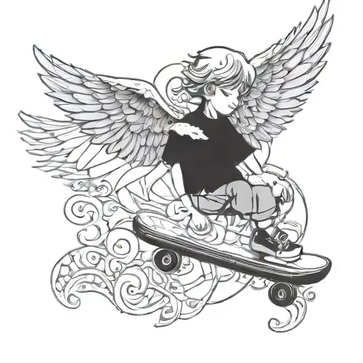 Teenage Boy Skateboarding Angel Wings tattoo design idea