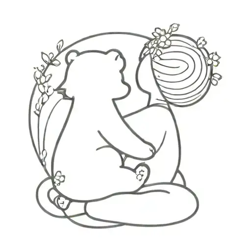 stick figure Little girl with flowers in her hair sitting with her back turned with polar bear cub and waves around them tattoo design idea