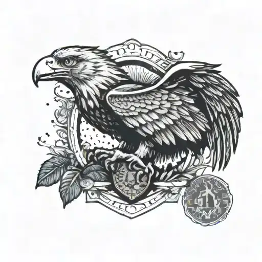 A police badge with a majestic eagle perched on top, surrounded by lush Italian landscapes and playing cards scattered around tattoo design idea