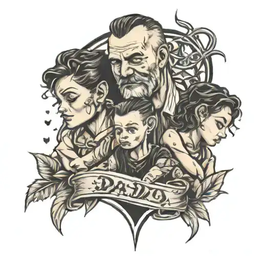 dad with son and daughter showing unconditional love  tattoo design idea