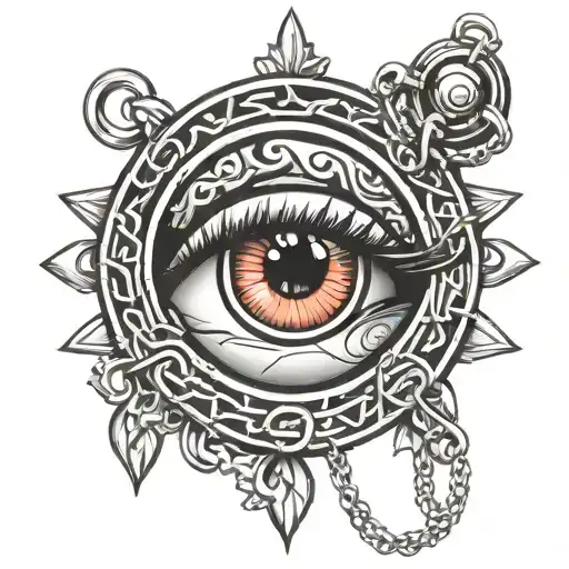 EYE MEDALLION HELD BY CHAINS tattoo design idea
