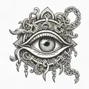 EYE MEDALLION HELD BY CHAINS tattoo design idea