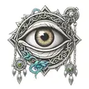 EYE MEDALLION HELD BY CHAINS tattoo design idea