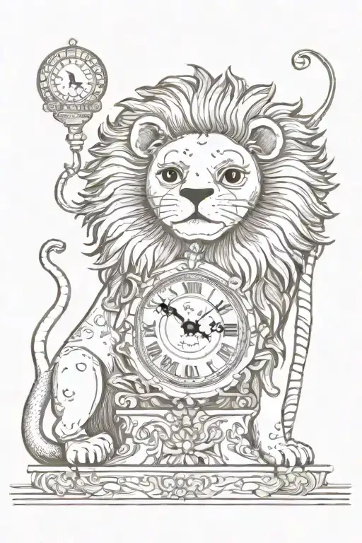 clock lion with music tattoo design idea