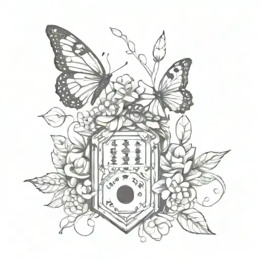 dnd dice with flowers, vines and butterflies, on front of arm tattoo design idea