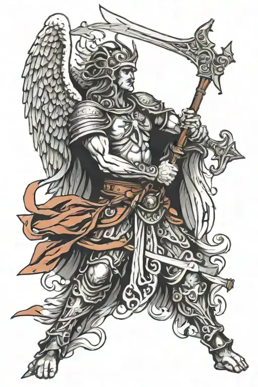 Angel warrior with spear with christian cross on top tattoo design idea