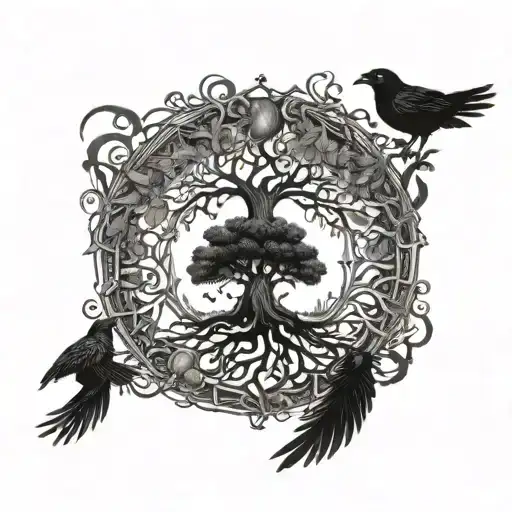 yggdrasil tree i ravens Huginn and Muninn tattoo design idea