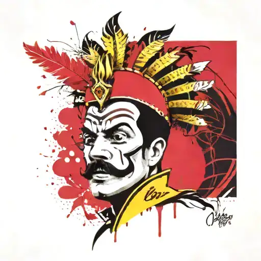 Design a  tattoo of a Boneco Gigante de Olinda at a Brazilian carnival inspired by freddie mercury from Queen yellow tattoo design idea