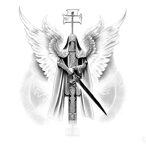 Angel with sword and orthodox Cross  tattoo design idea