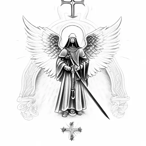 Angel with sword and orthodox Cross  tattoo design idea