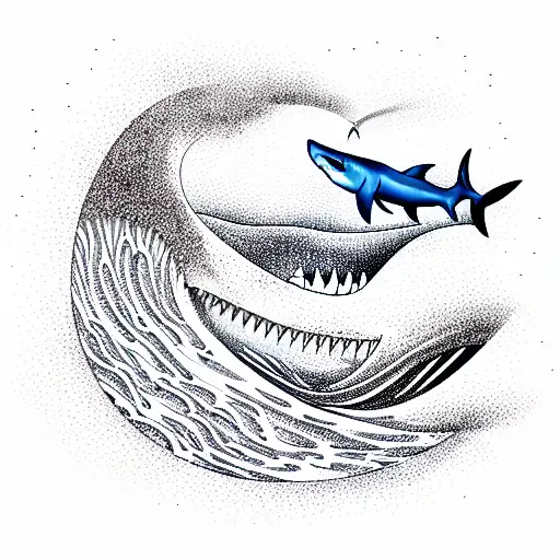 waves with sharks and a ship tattoo design idea