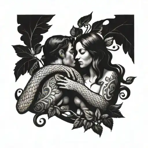 Garden of Eden Adam and Eve eating the apple Snake tattoo design idea