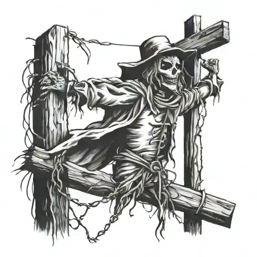 Scarecrow facing me while hanging on a cross tattoo design idea