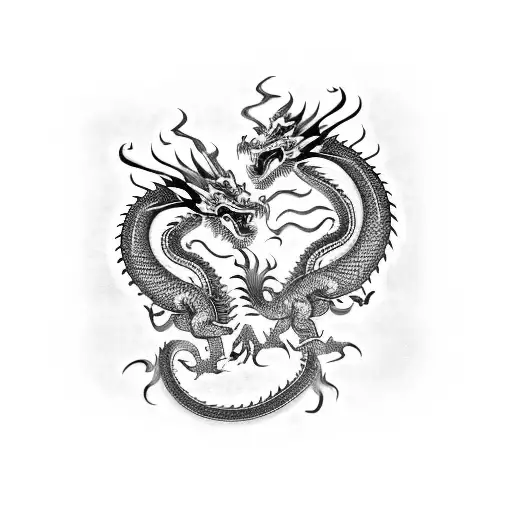 spine tattoo of Two Chinese dragons one black one red in a hyper sigilism style tattoo design idea