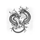 spine tattoo of Two Chinese dragons one black one red in a hyper sigilism style tattoo design idea