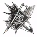 Incorporate elements of school imagery, such as books and pencils, with the logos of Metallica, Megadeth, Pantera, and Avenged Sevenfold tattoo design idea