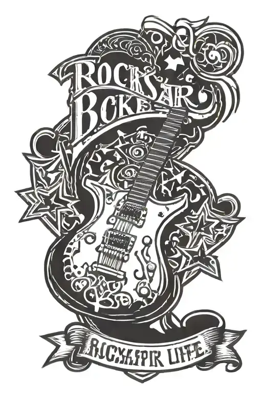 Design a bold and dynamic shoulder tattoo featuring the phrase "Rockstar Lifestyle Might Not Make It." Surround the text tattoo design idea