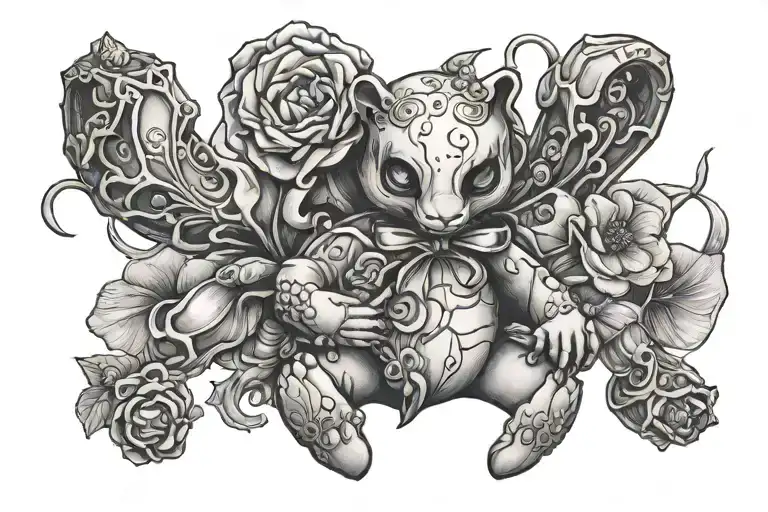 forget me not, scorpion, doll, heart, teddy bear tattoo design idea