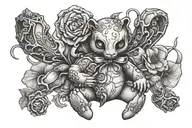 forget me not, scorpion, doll, heart, teddy bear tattoo design idea