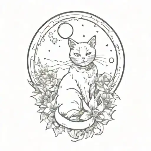 flowers, moon and cat tattoo design idea