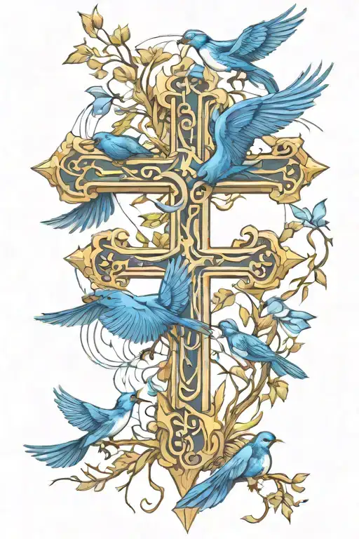 blue birds flying and the cross surrounded tattoo design idea
