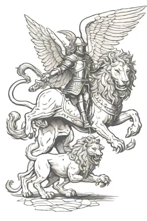 winged lion fighting with a knight tattoo design idea