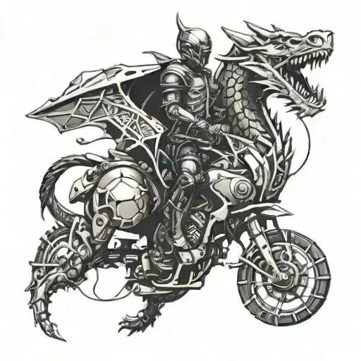 A futuristic warrior riding a mechanical dragon into battle tattoo design idea