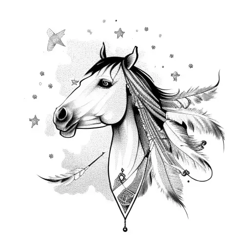 A horse silhouette with a dreamcatcher hanging from its neck, surrounded by stars tattoo design idea