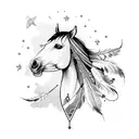 A horse silhouette with a dreamcatcher hanging from its neck, surrounded by stars tattoo design idea
