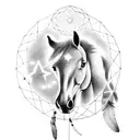 A horse silhouette with a dreamcatcher hanging from its neck, surrounded by stars tattoo design idea