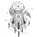 A horse silhouette with a dreamcatcher hanging from its neck, surrounded by stars tattoo design idea