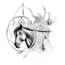 A horse silhouette with a dreamcatcher hanging from its neck, surrounded by stars tattoo design idea
